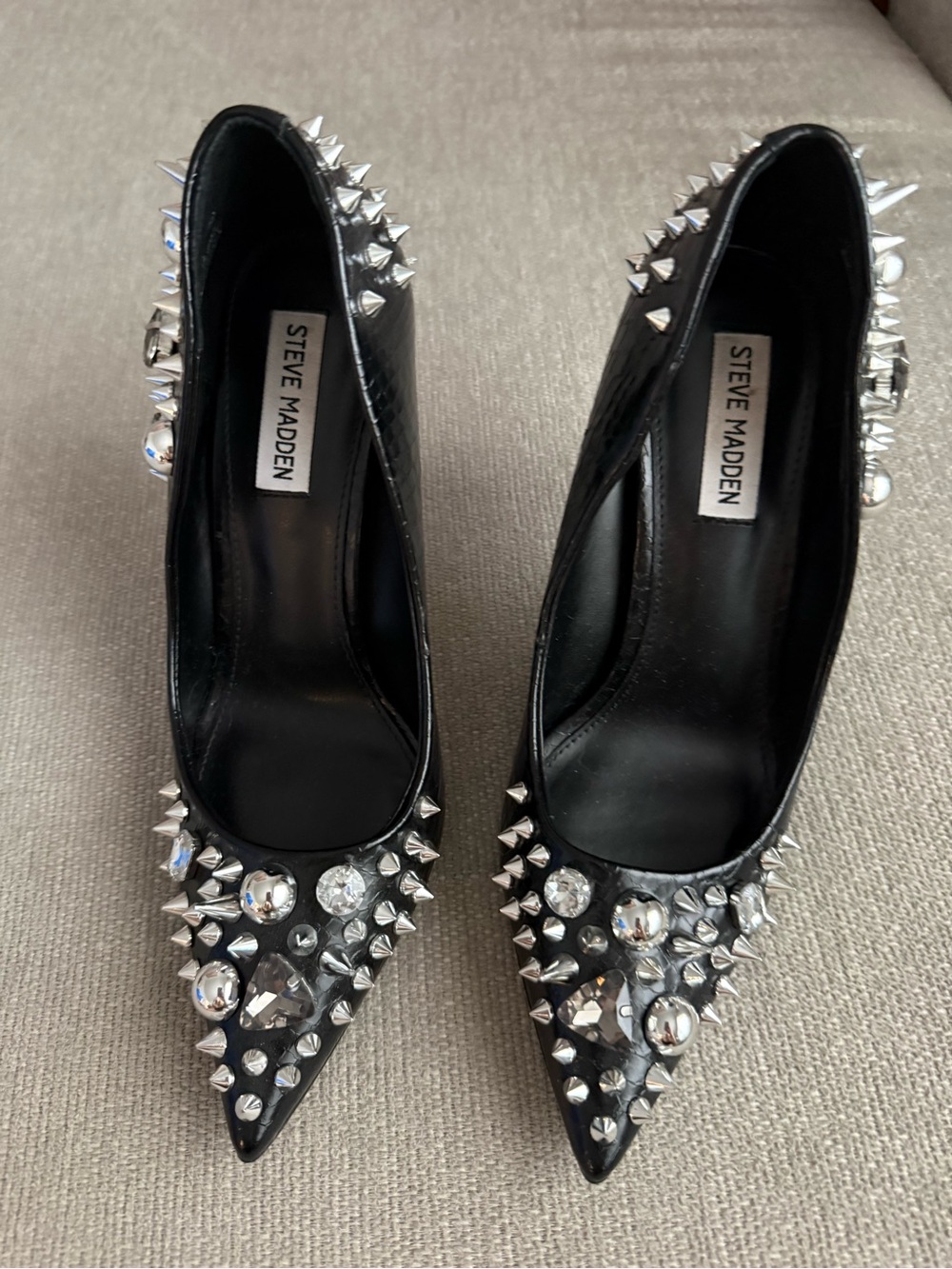 Steve Madden Black Pointed Toe Pumps with Silver Studs and Crystals